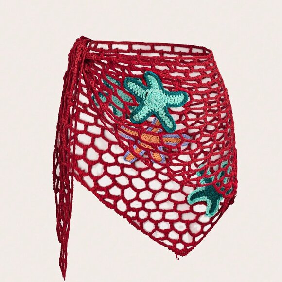 Red Women's Swim Sexy Crochet Hollow Out Starfish Pattern Beach Cover Up - Picture 4 of 7